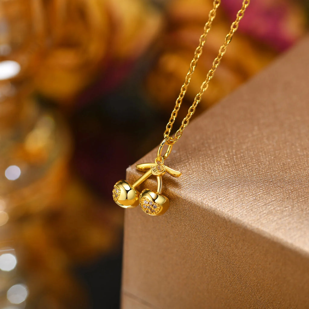Women's CZ Cherry Pendant Necklace – Gold Stainless Steel Chain Pendant Necklace SPOT