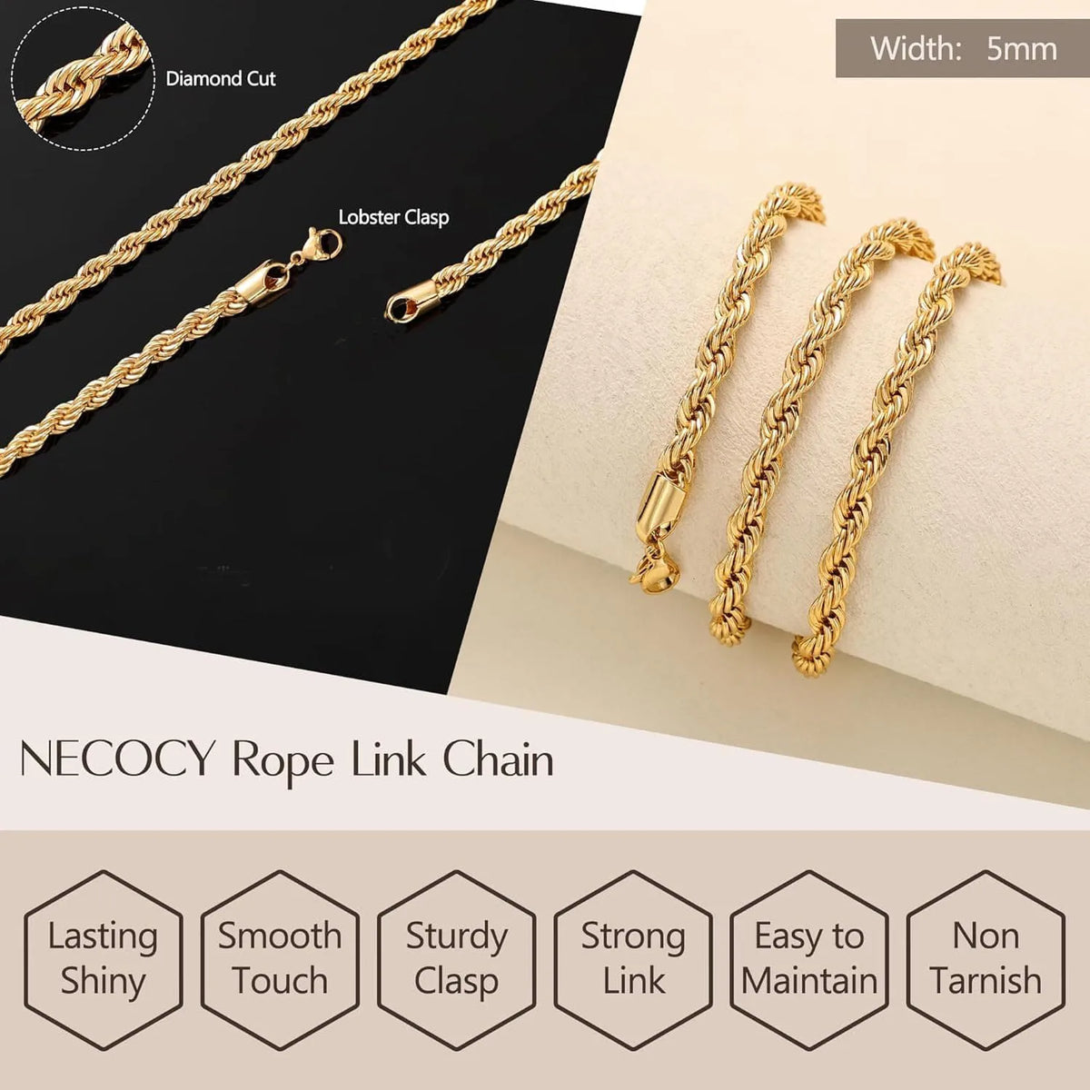 Gold Plated Stainless Steel Rope Twist Chain Necklace 2–5MM Chain Necklace SPOT