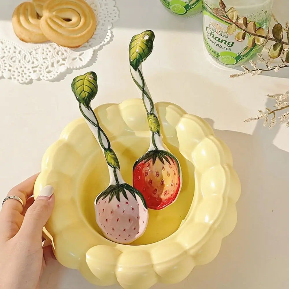Hand-Painted Strawberry Ceramic Soup Ladle & Stirring Spoon Ceramic Kitchen Spoon SPOT