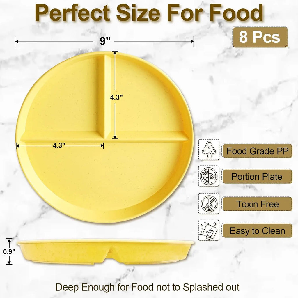 8-Pack Wheat Straw Divided Plates – 3-Compartment Portion Tray Divided Dinner Plates SPOT