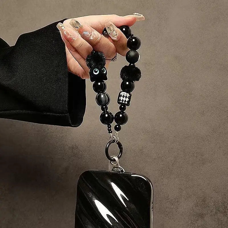 Fluffy Black Cat Phone Wrist Strap – Beaded Chain Lanyard Phone Wrist Strap SPOT