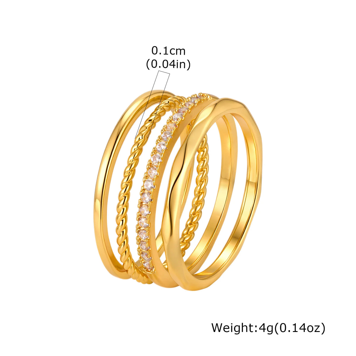 Stackable Rings Set 4pc – 18K Gold Plated CZ Twist Band Stackable Ring Set SPOT RT-403G US Size 06