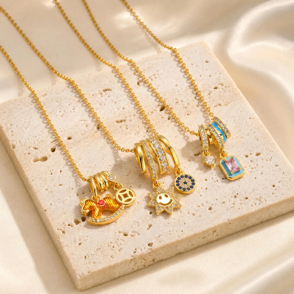 Multi Charm Necklace – 18K Gold Plated Stainless Steel CZ Charm Pendant Necklace SPOT
