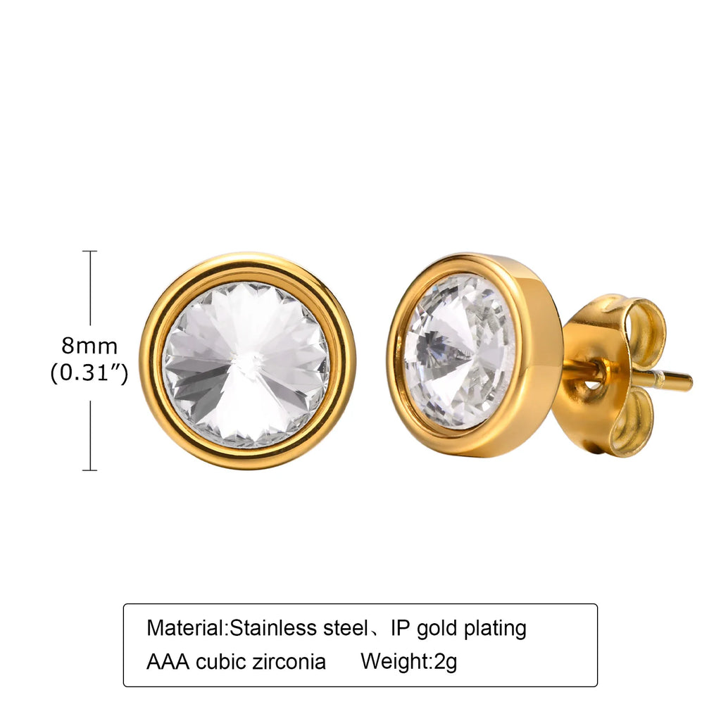 Round CZ Stud Earrings – Gold Plated Stainless Steel Women CZ Stud Earrings SPOT
