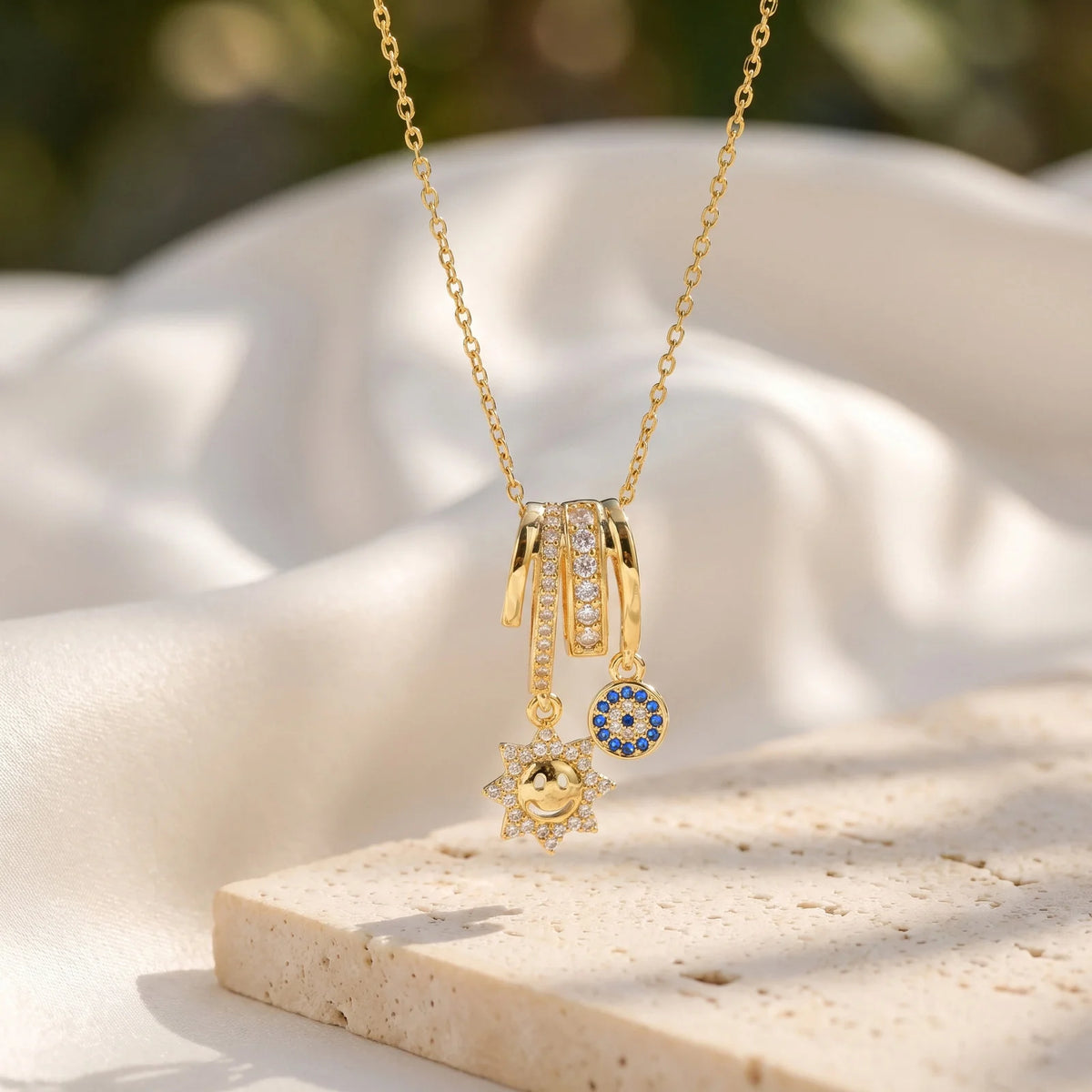 Multi Charm Necklace – 18K Gold Plated Stainless Steel CZ Charm Pendant Necklace SPOT