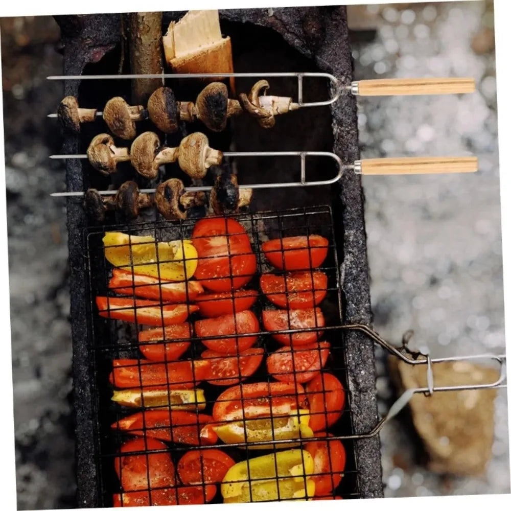 Stainless Steel BBQ Double Prong Skewers | Wood Handle Grill Fork BBQ Grill Skewers SPOT