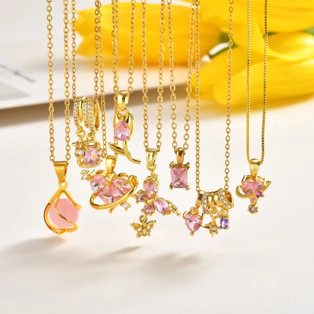 Pink Zirconia Heart Necklace – 18K Gold Plated Dainty Pendant Pendant Necklace SPOT