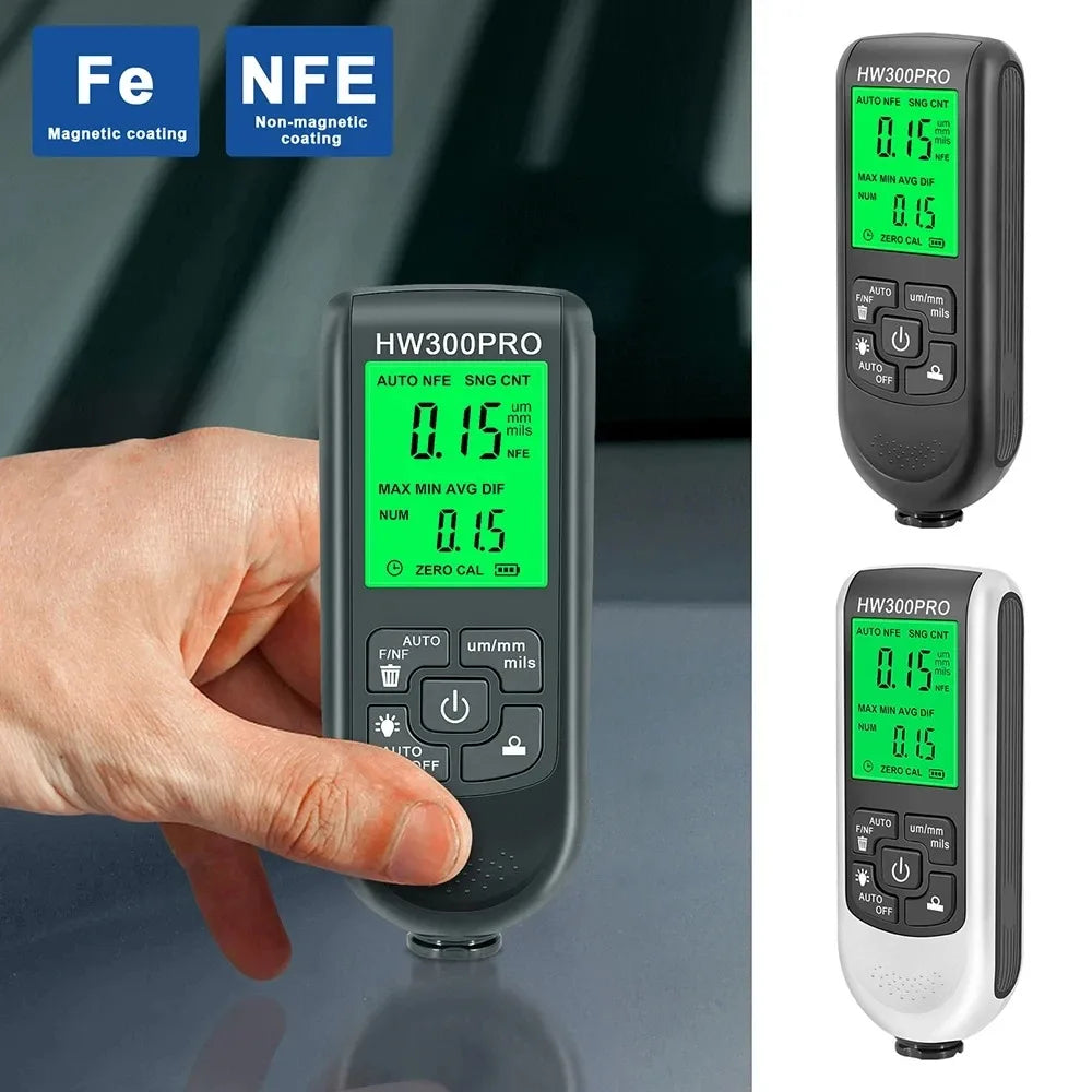 HW300PRO Car Paint & Coating Thickness Gauge 0–2000µm Fe/NFe Coating Thickness Gauge SPOT