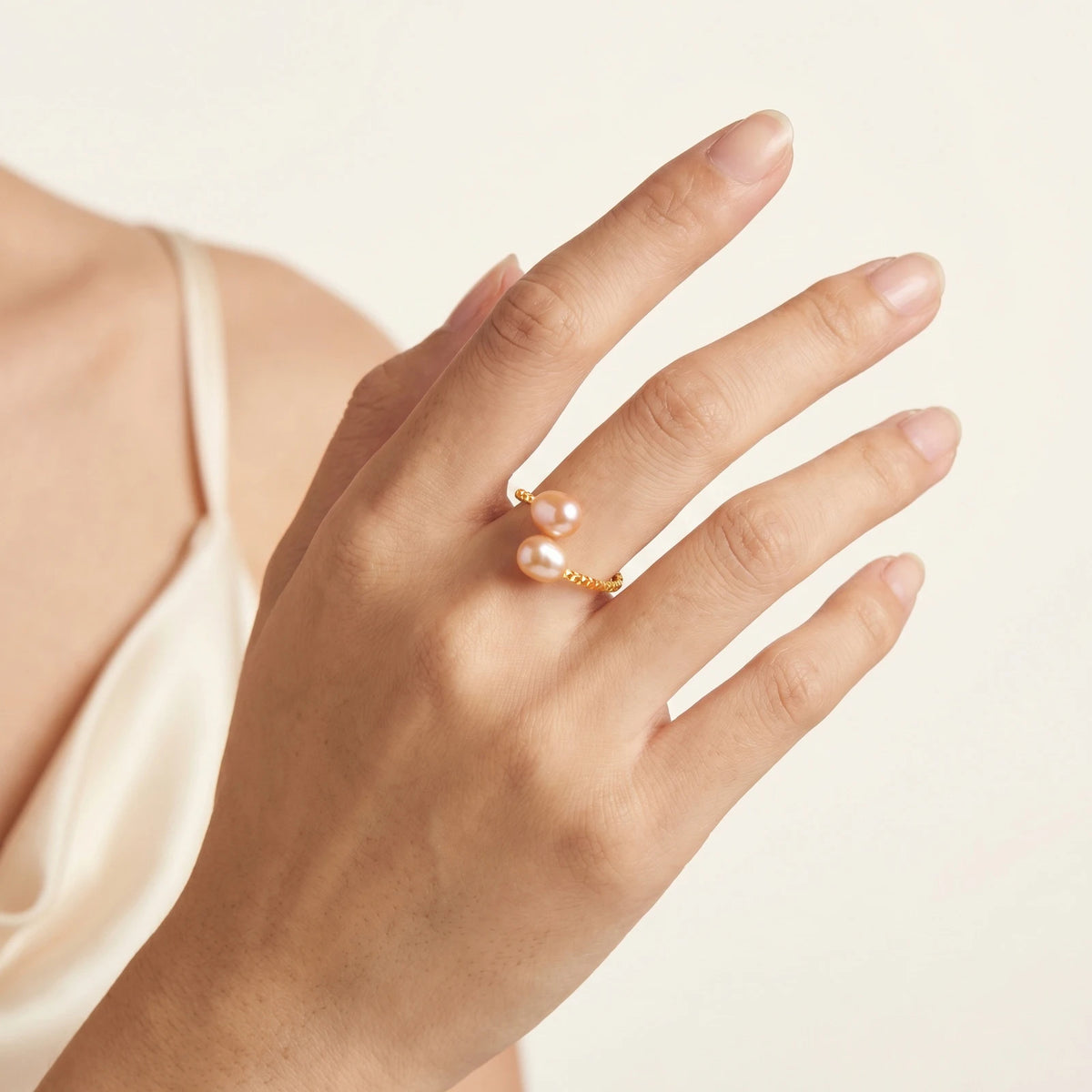 Freshwater Pearl Open Ring – 18K Gold Plated Adjustable Double Layer Pearl Fashion Ring SPOT
