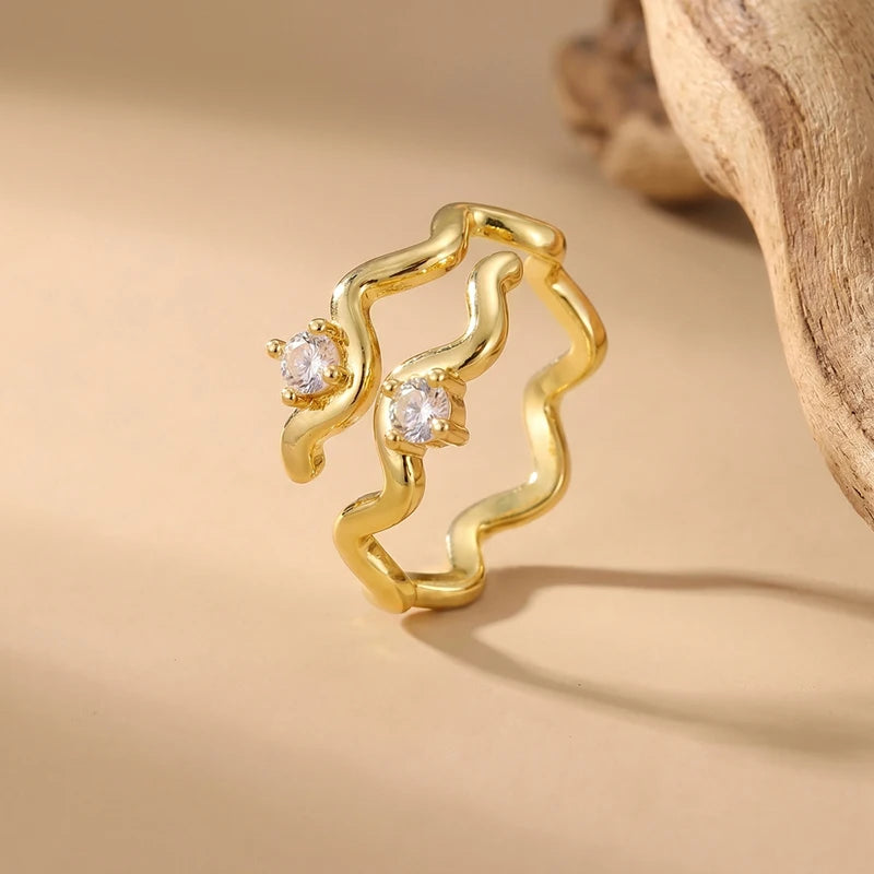 Hollow Wave Zirconia Adjustable Ring – 18K Gold Plated | Meaeguet Cocktail Ring SPOT