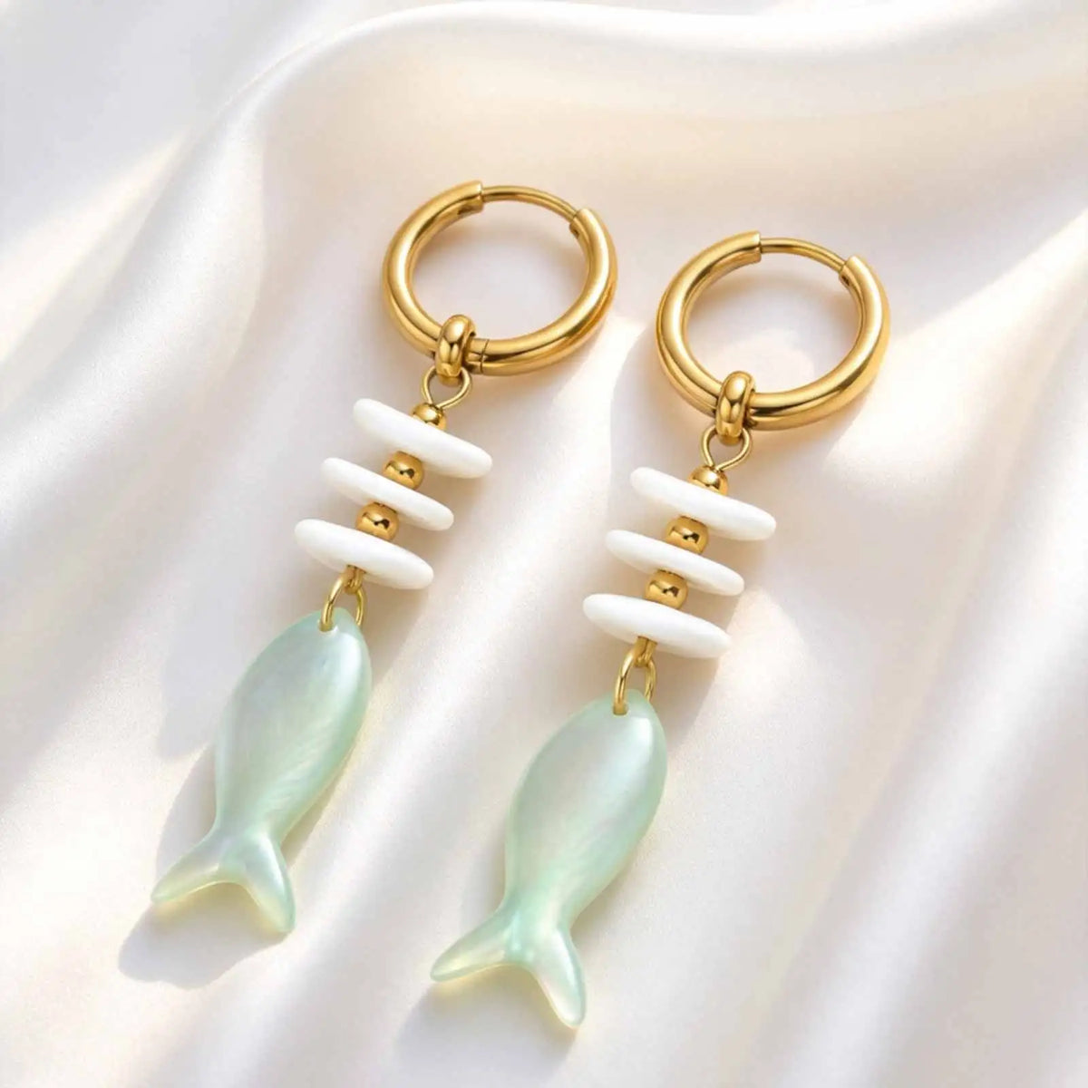 Ocean Fish Drop Earrings – 18K Gold Shell Bead Dangles Drop Dangle Earrings SPOT