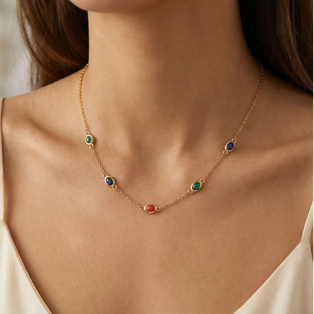 18K Gold Plated Natural Stone Station Necklace – Malachite & Lapis Station Necklace SPOT