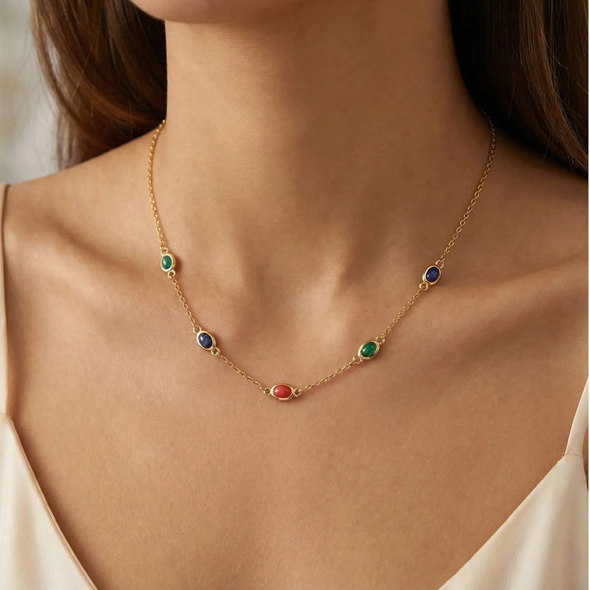 18K Gold Plated Natural Stone Station Necklace – Malachite & Lapis Station Necklace SPOT
