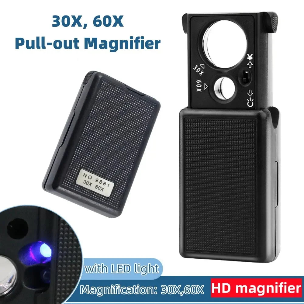 Mini 30X 60X LED UV Magnifier – Jewelry & Currency Tool Handheld Magnifier SPOT