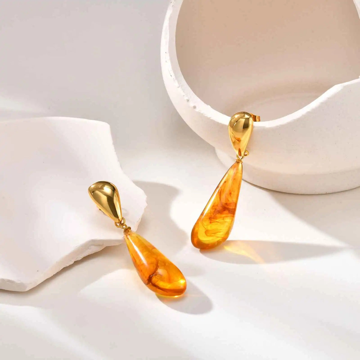 Amber Resin Teardrop Dangle Earrings – Gold Statement Drops Dangle Earrings SPOT