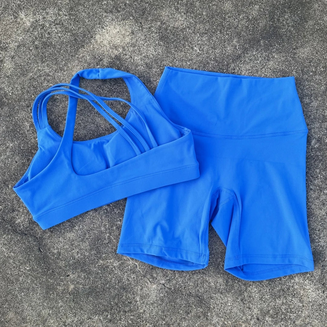 Women's High Waist Yoga Short Legging & Cross Back Bra Set Yoga Activewear Set SPOT Lightning Blue XL