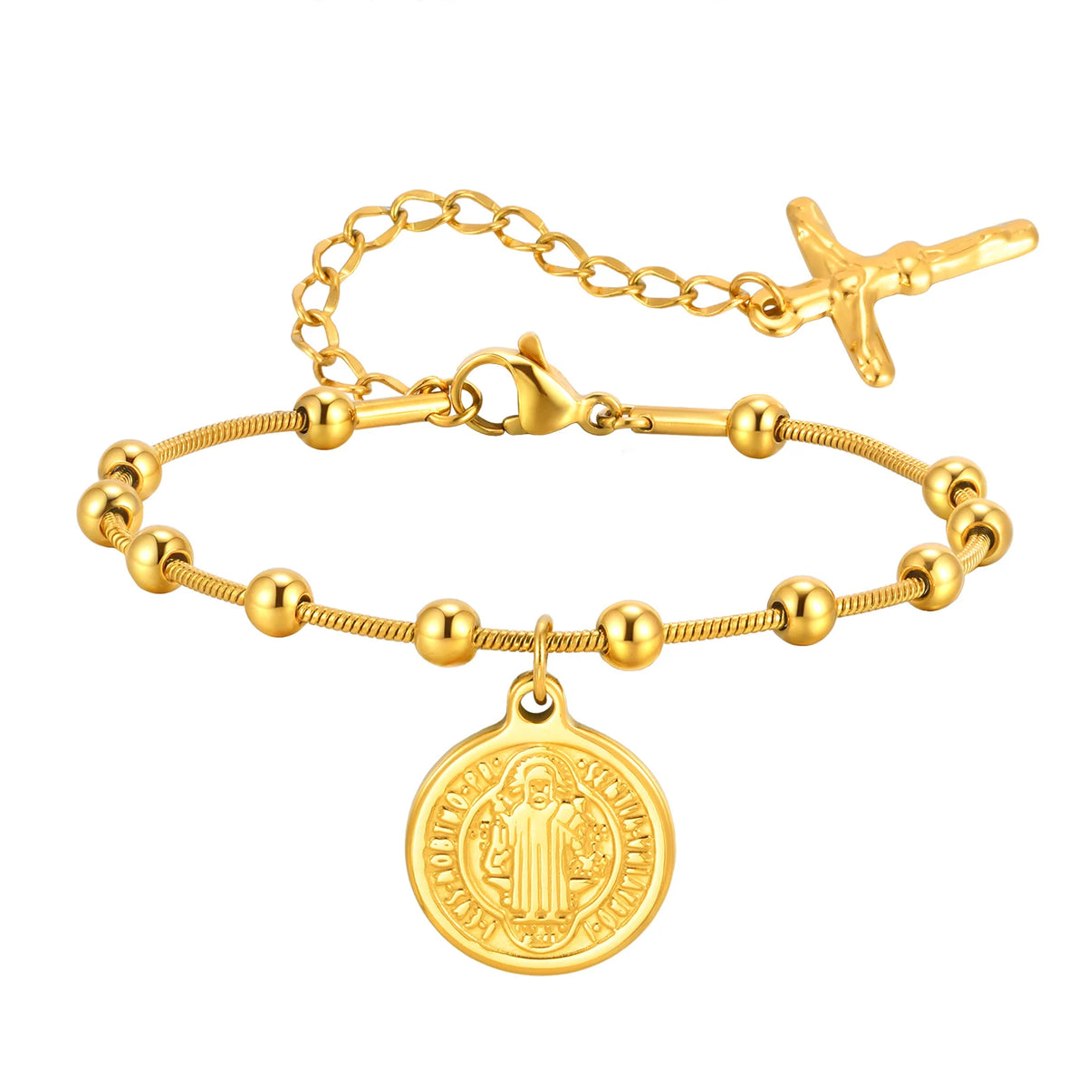 Virgin Mary St Benedict Cross Bracelet – Stainless Steel Religious Beaded Bracelet SPOT BR-1526G02