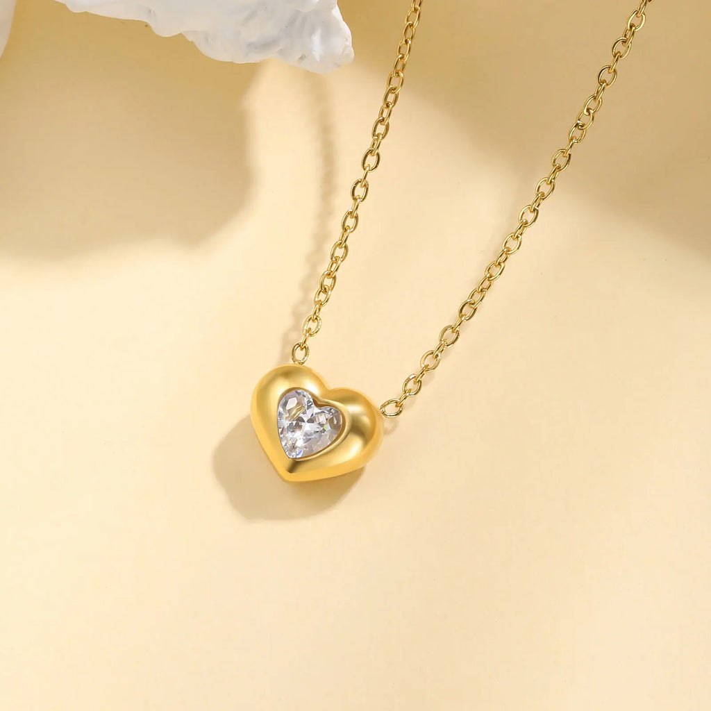 Cubic Zirconia Heart Pendant Necklace – Boho Gold CZ Pendant Necklace SPOT