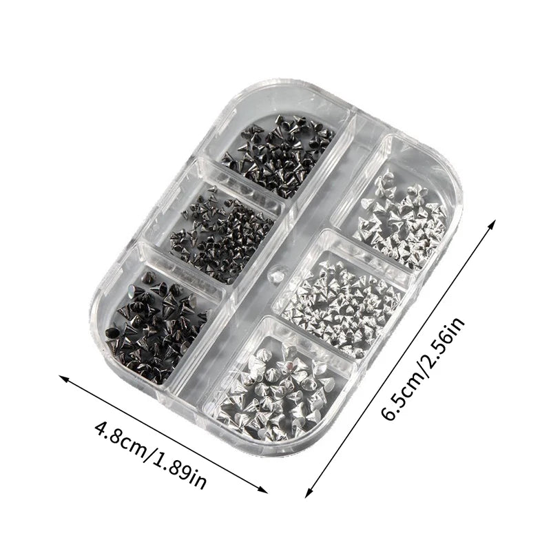 Y2K Punk Metal Rivet Nail Charms – 6-Grid Black & Silver Studs Nail Art Charms SPOT onesize