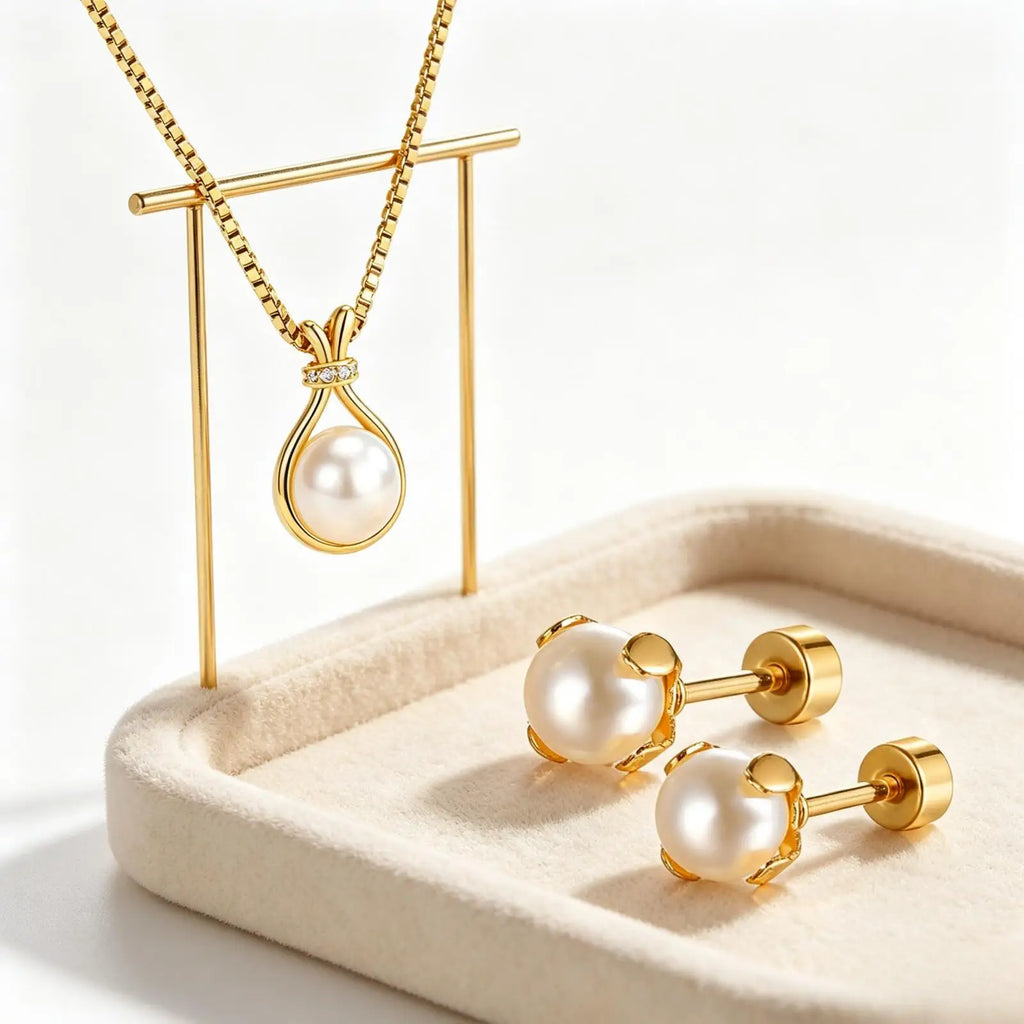 Faux Pearl Jewelry Set – 18K Gold Necklace & Earrings for Women Pearl Jewelry Set SPOT