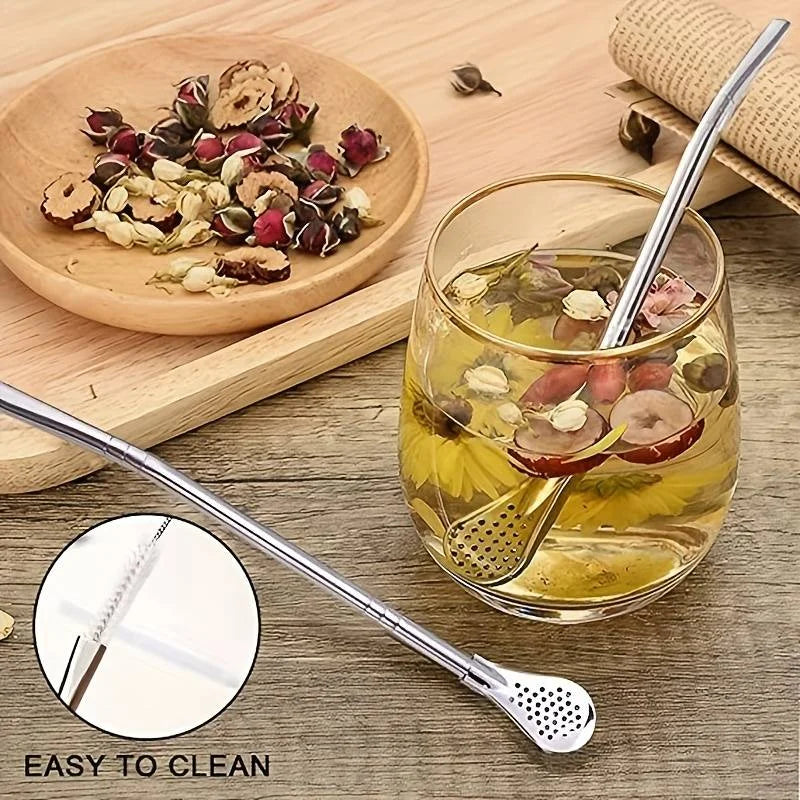 Stainless Steel Straw Spoon with Filter & Cleaning Brush Straw Spoon Set SPOT