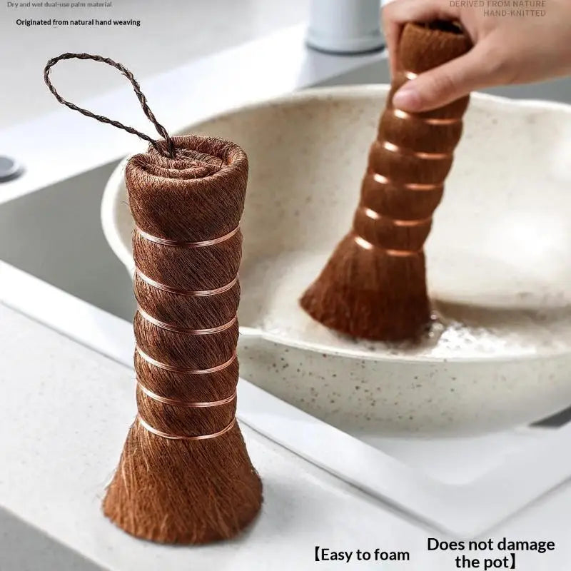 Long Handle Palm Pot Brush – Natural Wok & Pan Cleaner Kitchen Cleaning Brush SPOT