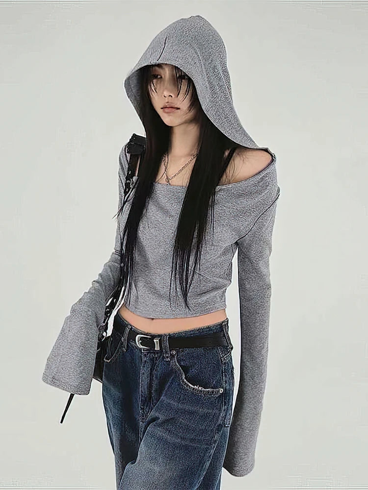 Women's Y2K Cropped Hoodie Top – Off-Shoulder Long Sleeve Tee Cropped Hoodie Top SPOT