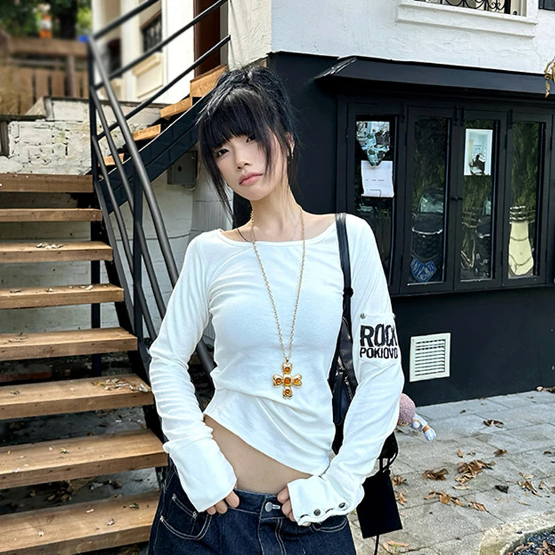 Women's Y2K Retro Graphic Long Sleeve Button Top | Grunge E-Girl Graphic Long Sleeve Top SPOT