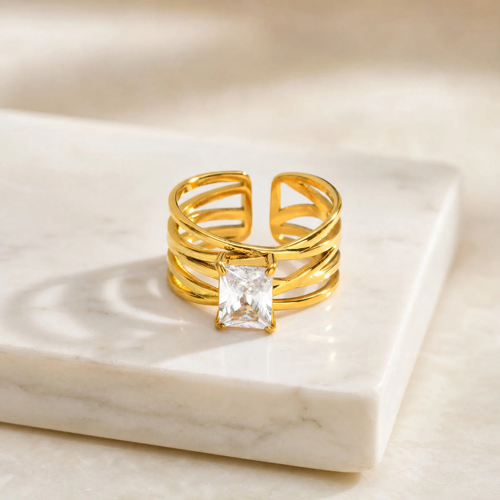Multi-Layer CZ Open Ring – 18K Gold Plated Stainless Steel Stackable CZ Ring SPOT