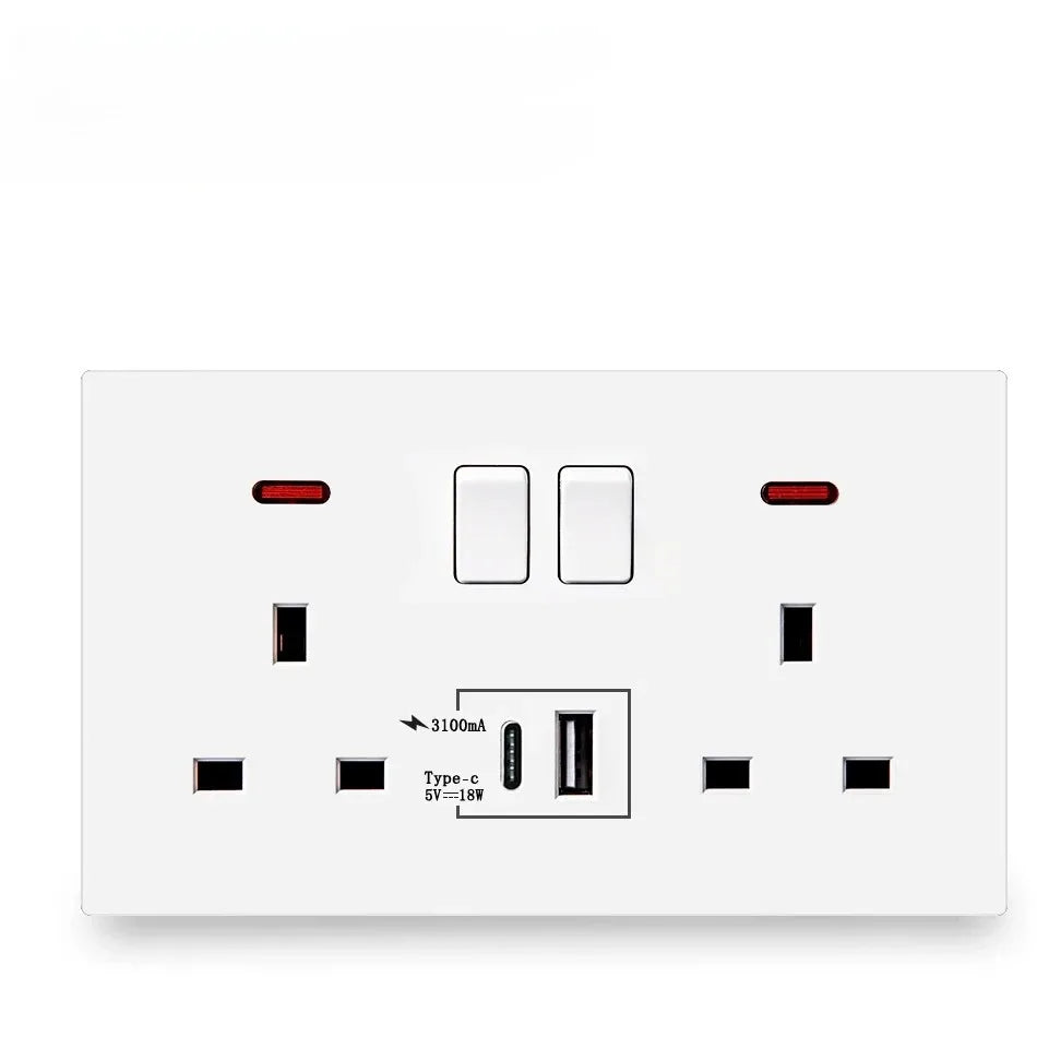 UK 13A Double Wall Socket with Dual USB-C Fast Charge & LED Wall Socket Outlet SPOT