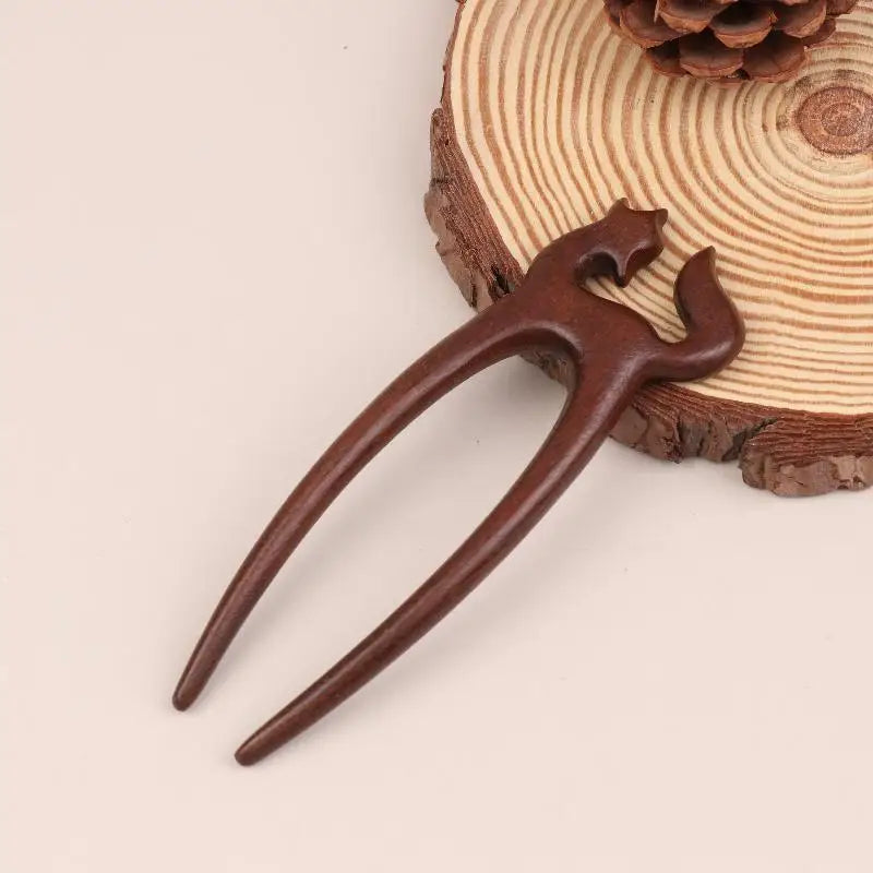 Wooden U-Shape Hair Stick Fork – Cat & Butterfly Chinese Style Wooden Hair Stick SPOT 07