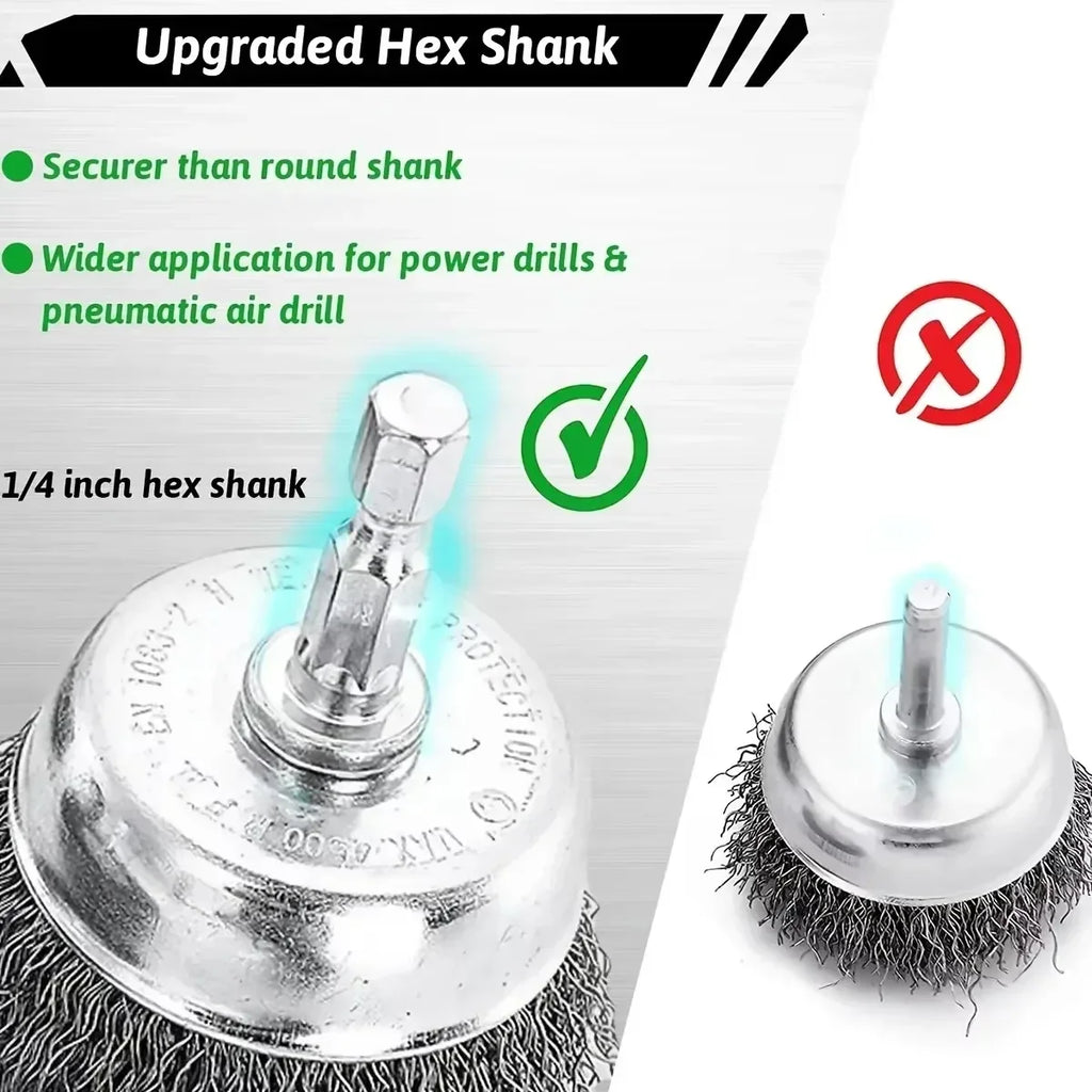 Wire Cup Brush Set 1/4" Hex Shank – Carbon Steel, 3 or 10 Pc Wire Brush Set SPOT