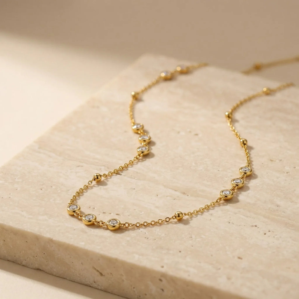 Gold Plated CZ Station Necklace – Dainty Minimalist Choker Station Choker Necklace SPOT