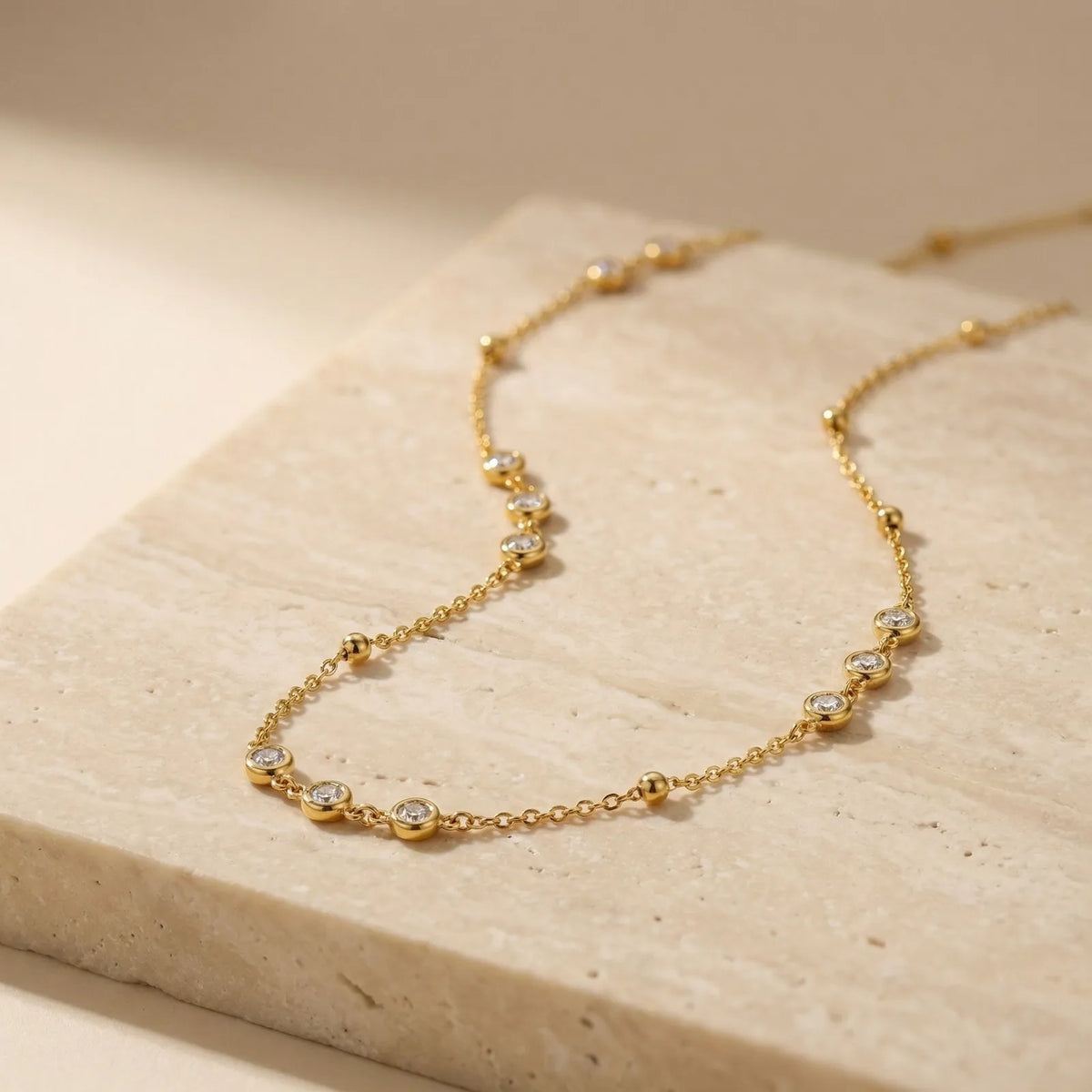 Gold Plated CZ Station Necklace – Dainty Minimalist Choker Station Choker Necklace SPOT