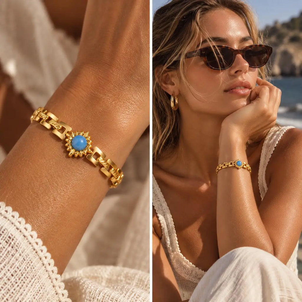 Sun Charm Bracelet – Gold Plated Geometric Bar Link Chain Charm Bracelet SPOT
