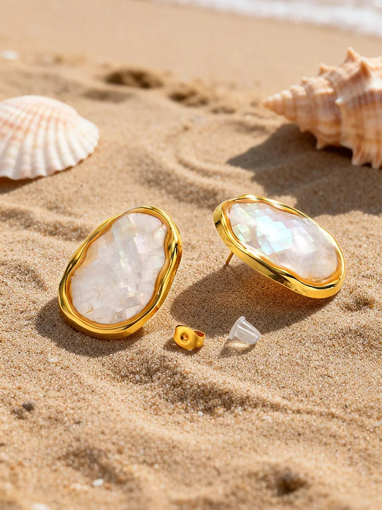 Mother of Pearl Gold Stud Earrings – Geometric Shell, Tarnish-Free Stud Earrings SPOT