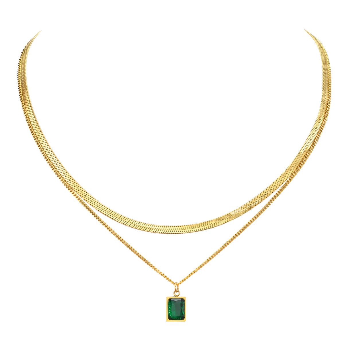 Gold Layering Necklace Set – Green Zirconia & Herringbone Choker Layering Necklace Set SPOT NC-1084GG