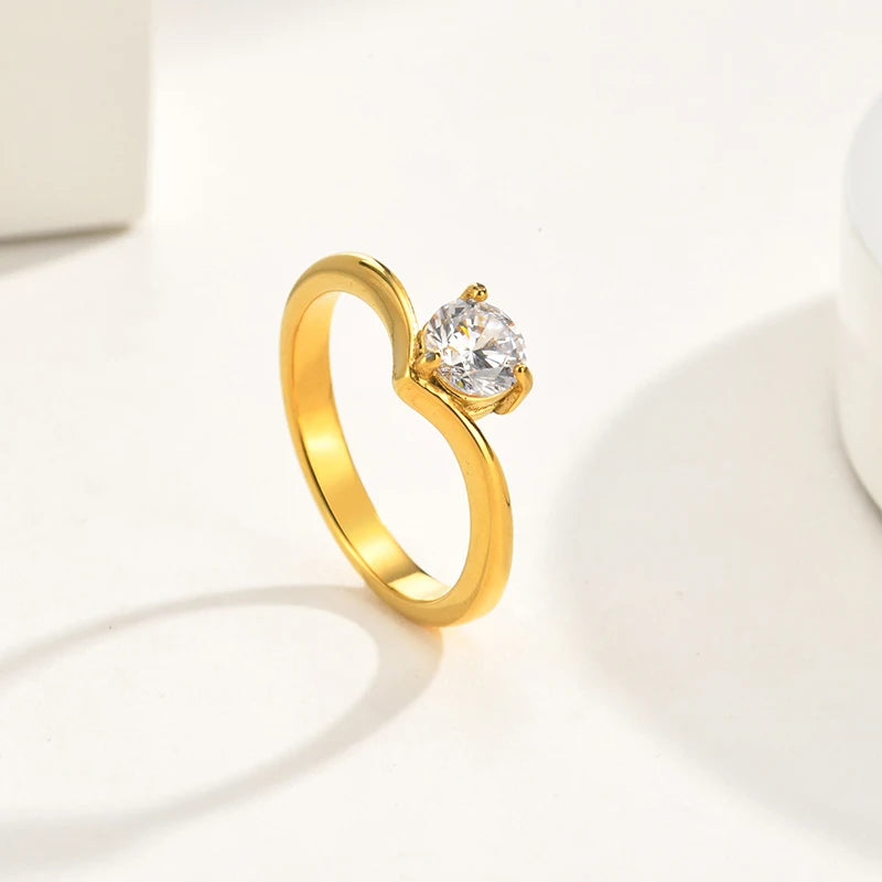 Chevron Solitaire Ring – 18K Gold Plated CZ V Band for Women Fashion Ring SPOT