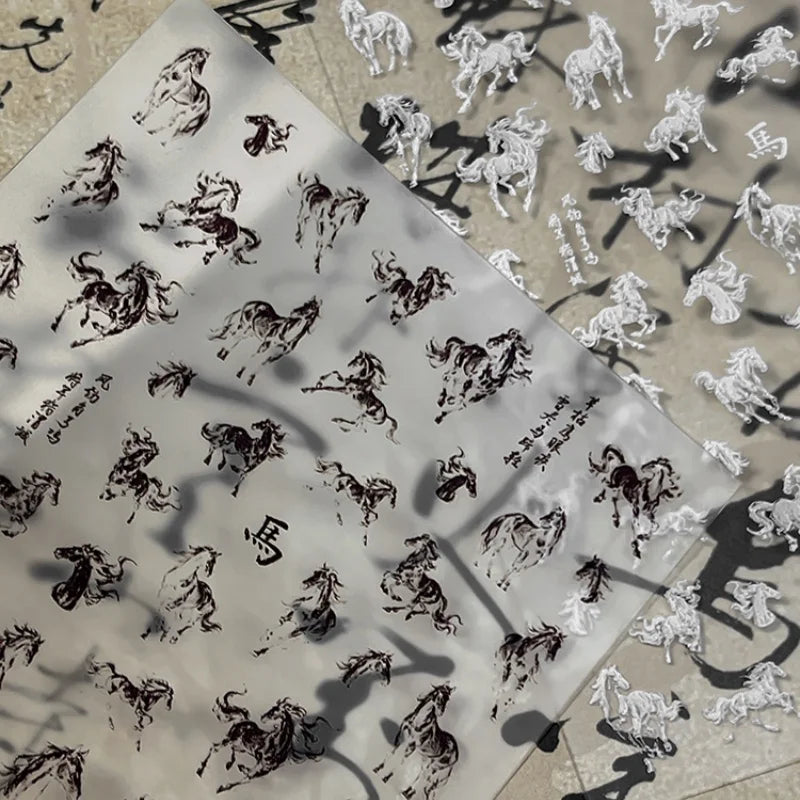 Ink Painting Horse Nail Art Stickers – Black & White Decals Nail Art Stickers SPOT