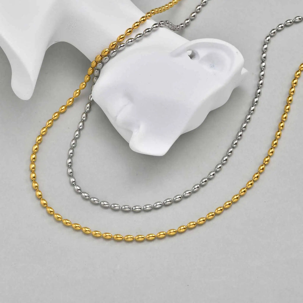 Meaeguet Oval Rice Bead Choker Necklace – Stainless Steel Silver Bead Chain Necklace SPOT