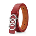 Women's PU Leather Belt – Silver Triple Circle Buckle Women's Fashion Belt SPOT Wine red color 105CM