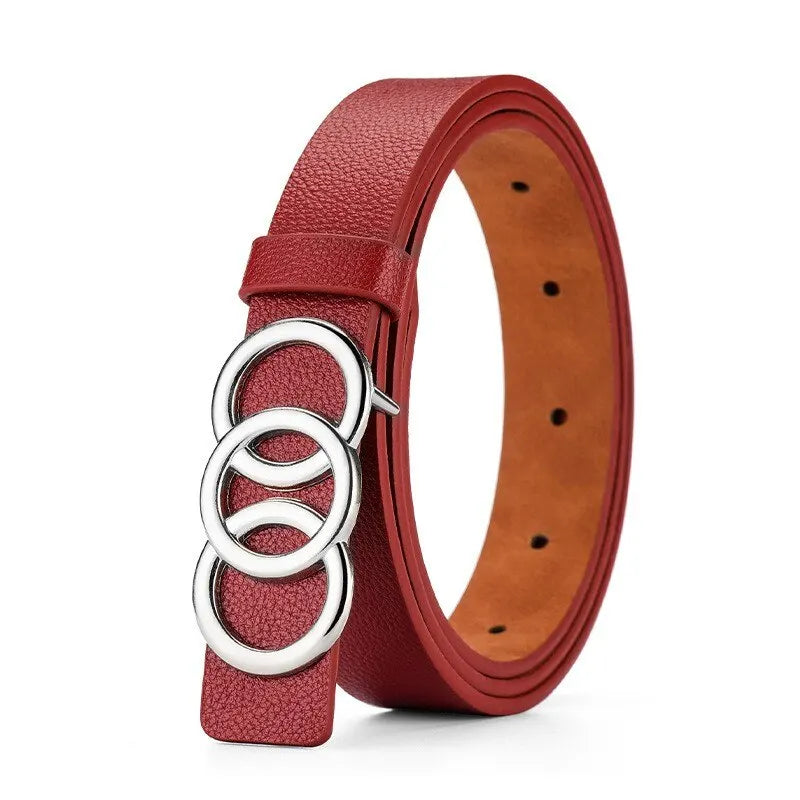Women's PU Leather Belt – Silver Triple Circle Buckle Women's Fashion Belt SPOT Wine red color 105CM