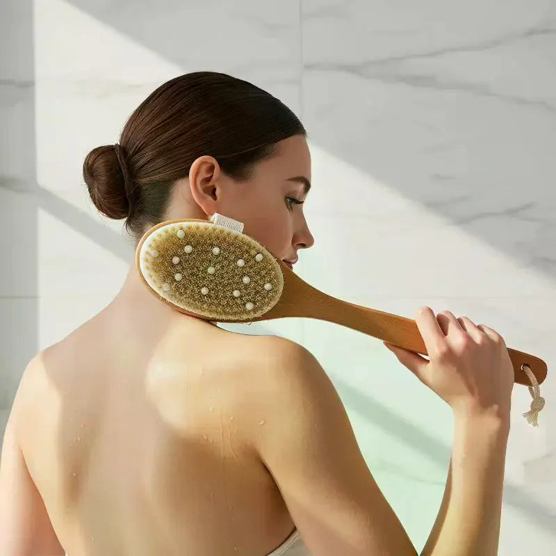 Wooden Long Handle Bath Brush – Natural Boar Bristles Body Bath Brush SPOT