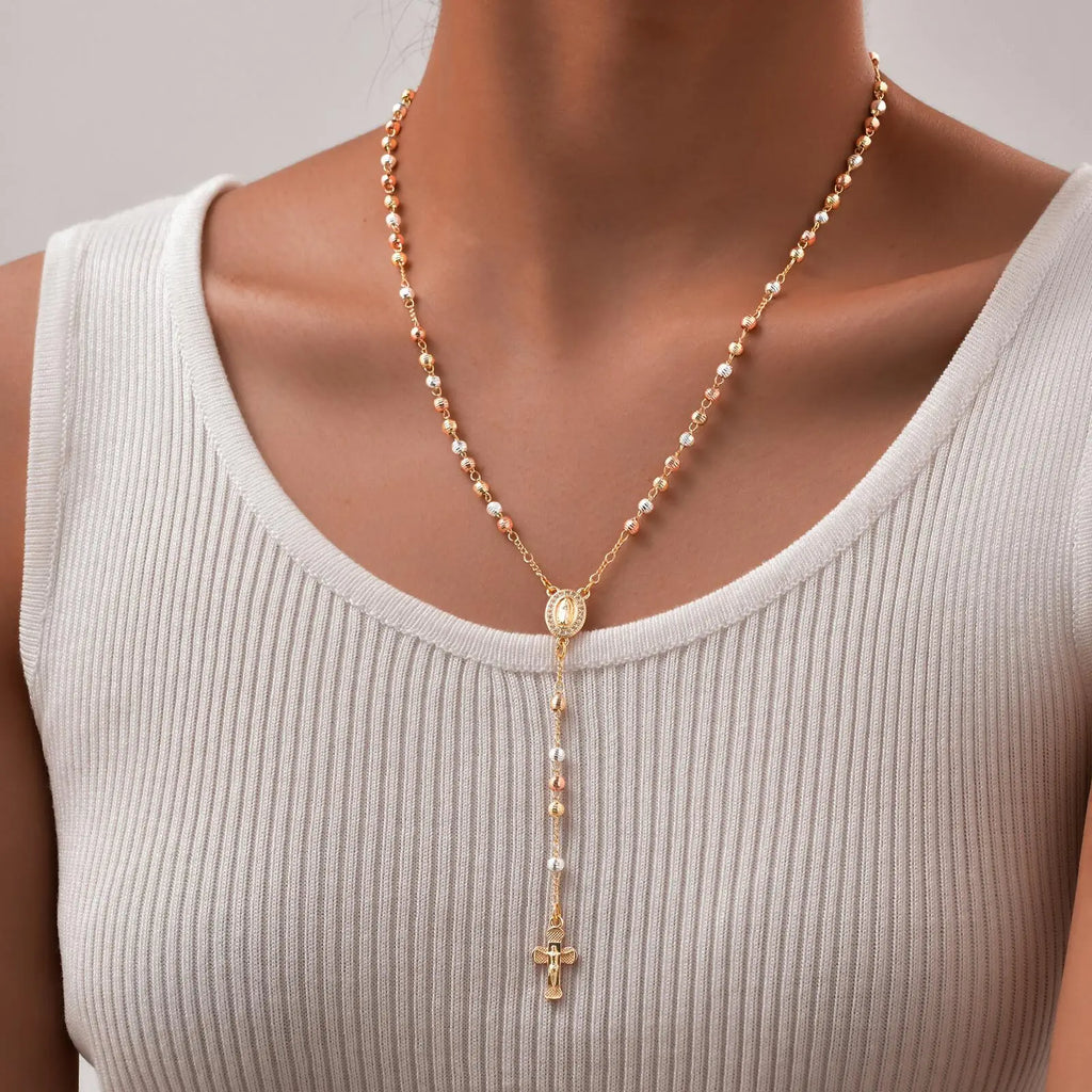 Virgin Mary St Benedict Rosary Beads Y Necklace | Gold Pendant Necklace SPOT