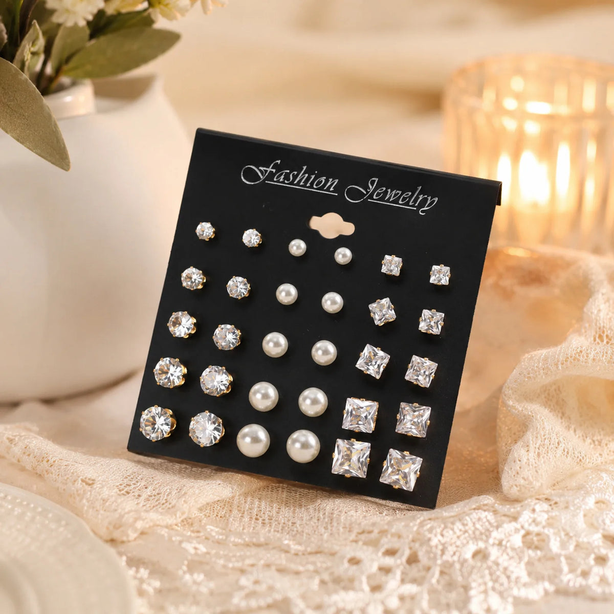 15-Pair Gold Stud Earrings Set – CZ & Faux Pearl for Women Stud Earrings Set SPOT
