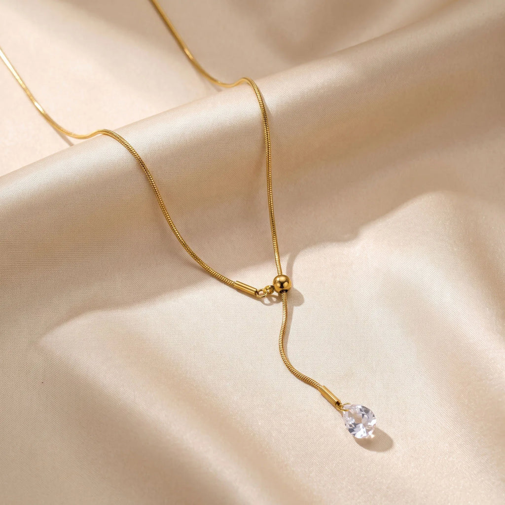 18K Gold Lariat Y-Necklace with Teardrop CZ – Women's Jewelry Lariat Pendant Necklace SPOT