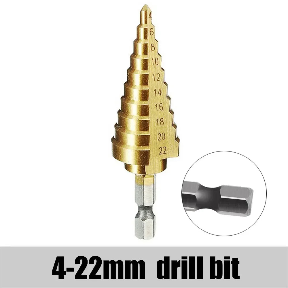 Titanium HSS Step Drill Bit Set – 3-12mm, 4-12mm, 4-20mm Step Drill Bit Set SPOT 4-22mm Hexagon