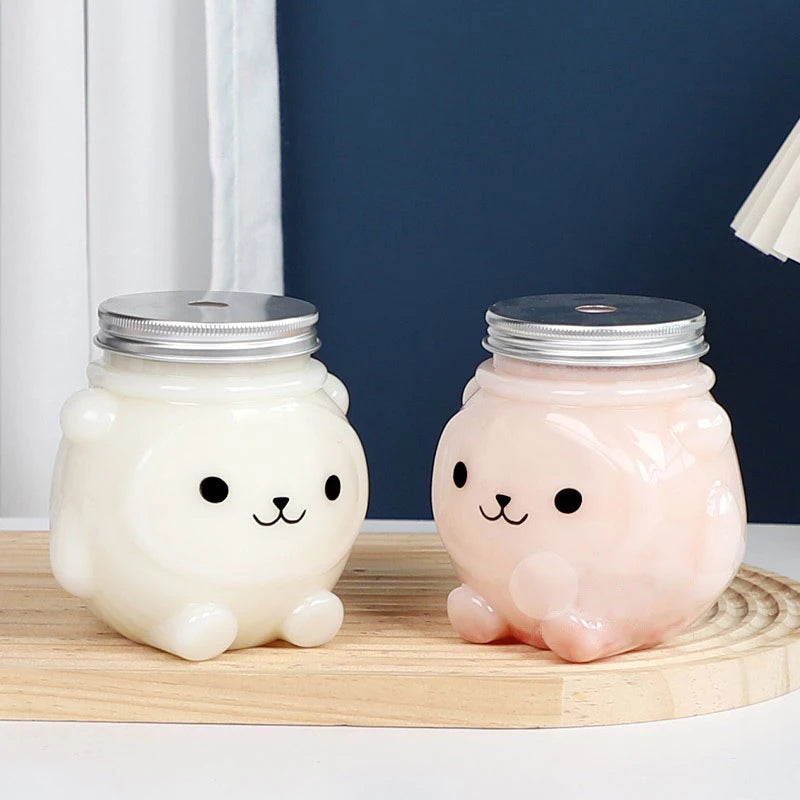 500ml Cartoon Bear PET Beverage Bottle with Lid | Takeaway Beverage Bottle SPOT