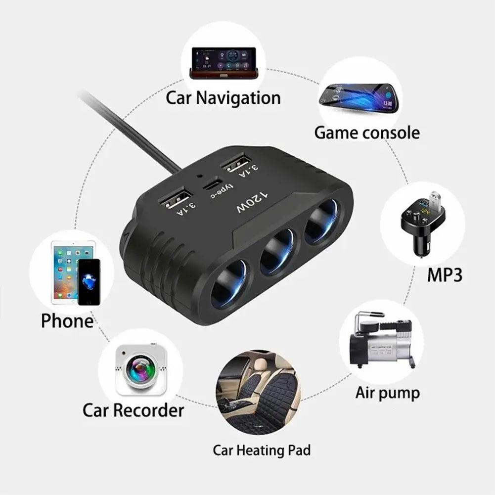 3-in-1 Car Cigarette Lighter Splitter – Dual USB 120W Adapter Car Power Adapter SPOT