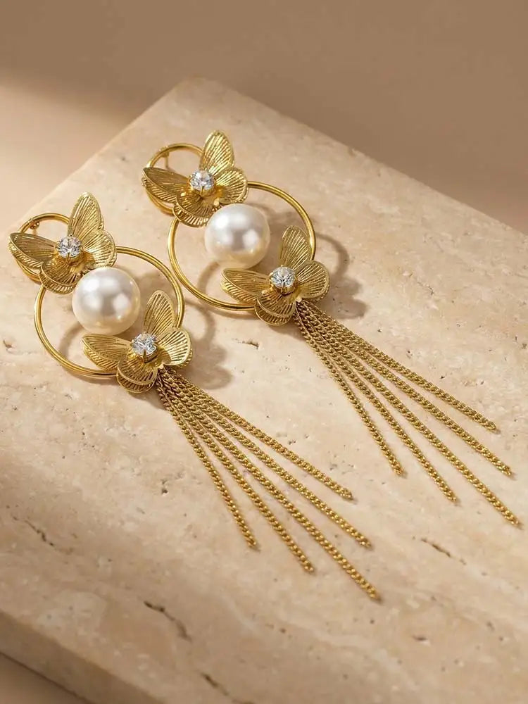 Vintage Gold Butterfly Tassel Earrings – 18K Gold Plated Dangle Drop Earrings SPOT